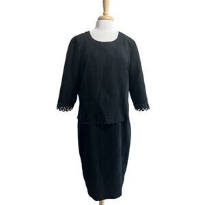 Leslie Fay Midi Dress Size 18 Solid Black Faux Suede Eyelet Goth Vintage 90s